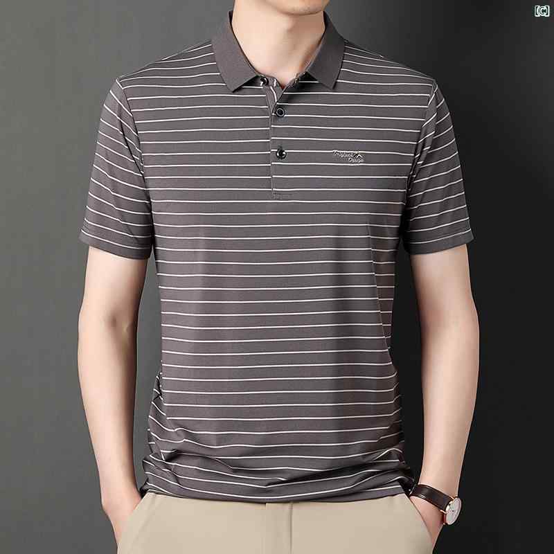 メンズ　ファッション　オシャレ　カジュアル　男性 上品 男性 ピンストライプ 襟 付き 半袖 Tシャツお父さん 横縞 トップ ポロシャツ 夏