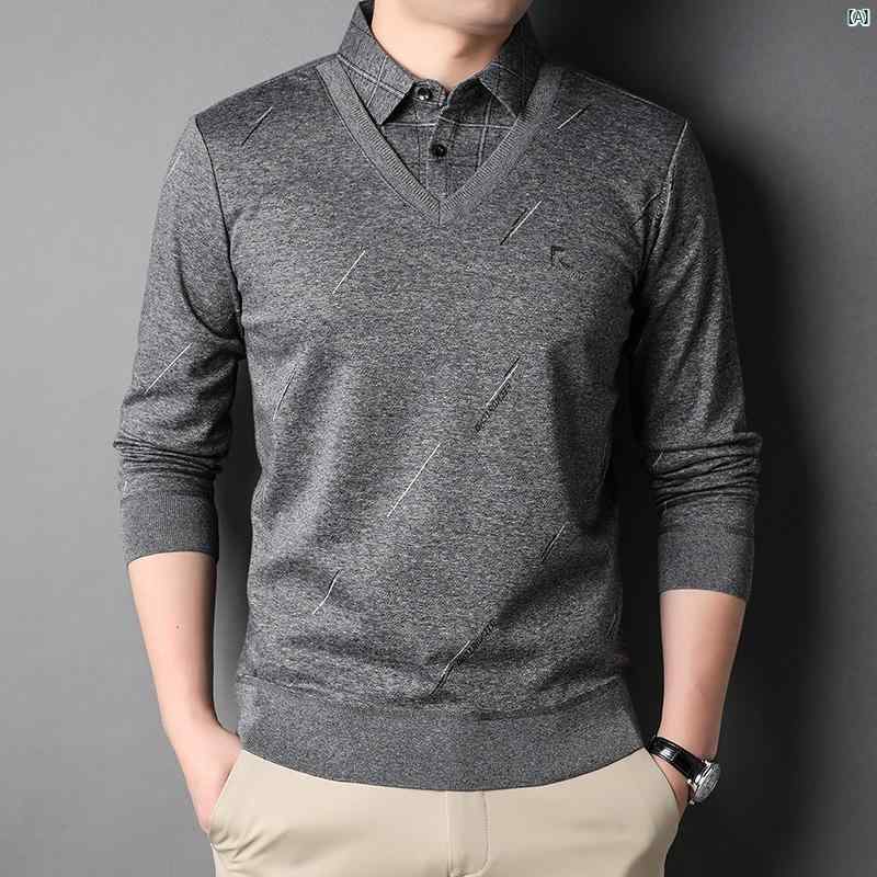 メンズ　ファッション　オシャレ　カジュアル　男性 上品 春秋 長袖 Tシャツ フェイク 2点 セーター シャツ 襟 韓国 カジュアル ジャカード ニット トップ