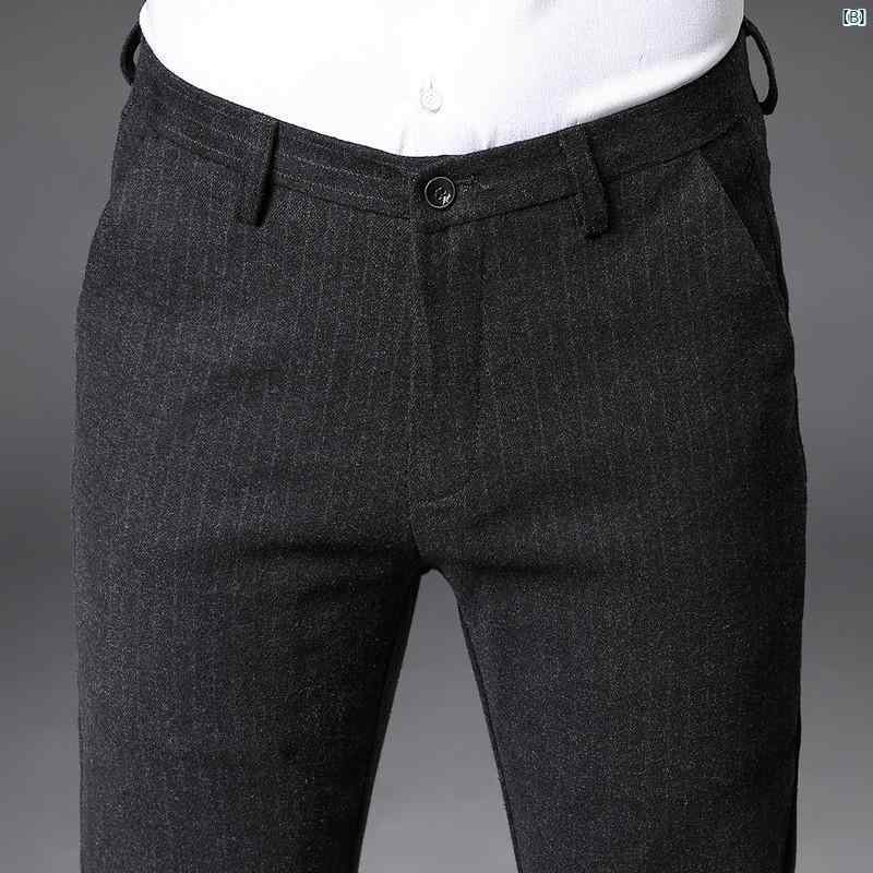 男性　オシャレ　かっこいい　カジュアル メンズ ウール カジュアル パンツ 秋冬 ベルベット 厚手 ストライプパンツ ビジネス スリム ストレート
