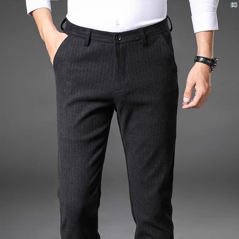 男性　オシャレ　かっこいい　カジュアル メンズ ウール カジュアル パンツ 秋冬 ベルベット 厚手 ストライプパンツ ビジネス スリム ストレート