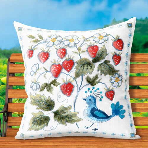 オリムパス 刺繍キット クッション 花咲く庭の小さな物語 オノエ・メグミ ワイルドストロベリーと鳥