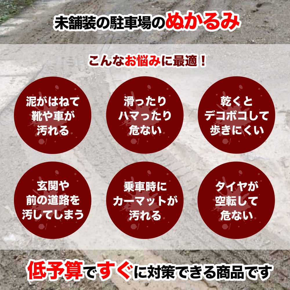 駐車場ぬかるみ対策ゴムシート【タイプ・サイズ 選択可】工事不要のぬかるみ対策 ゴムならではの滑り止め 丈夫でクッション性があり歩きやすく駐車しやすい 『従来通りの排水可能な穴あきタイプ』または『 お求めやすいリサイクルタイプ(穴なし)』 簡単設置 簡単撤去 3