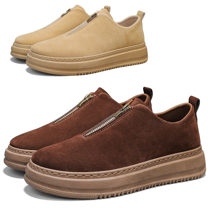 スリッポン メンズ スエード センタージップ レザー カジュアル 4cm 紐なし 靴 軽量 PU革靴 レザースニーカー ブラック ブラウン ベージュ カーキ 歩きやすい