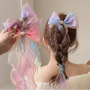 リボン ヘアアクセサリー ビッグリボン チェーン パール ラインストーン オーロラ 韓国ファッション 可愛い おしゃれ 大人 子供 女の子 ロリータ キッズ プレゼント 浴衣 着物 七五三 発表会 パーティー 送料無料 メール便通販セール