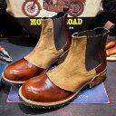 ブーツ メンズ ショートブーツ 本革 サイドゴア コンビカラー キャンバス アンティーク加工 バイク用 ユーズド感 ヴィンテージ感 高級感 カーキ ブラウン