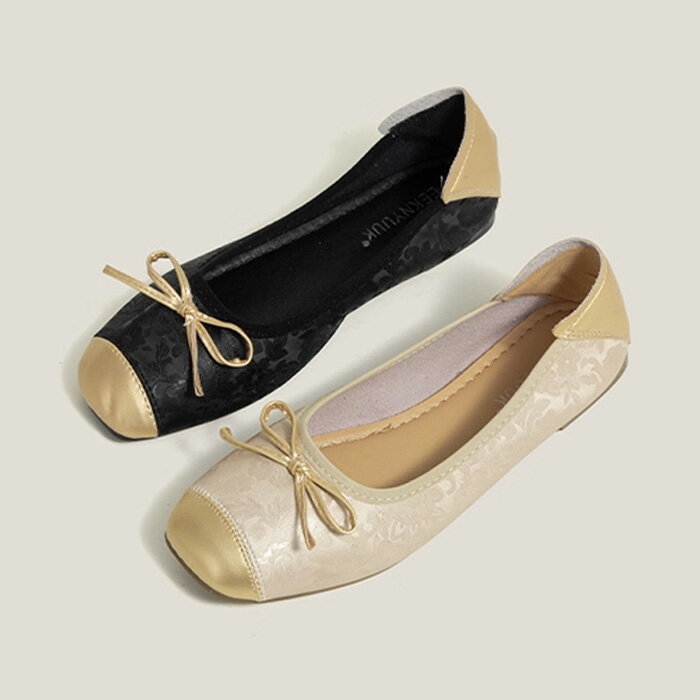 バレエシューズ スクエアトゥ シンプル リボン フラットパンプス メタリックカラー ブラック アプリコット グリーン シルバー フラットソール ローヒール 送料無料