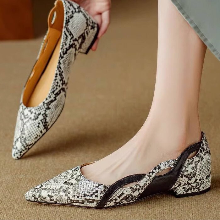 バレエシューズ ポインテッドトゥ シンプル フラットパンプス ヘビ柄 パイソン柄 グレー フラットソール ローヒール 送料無料