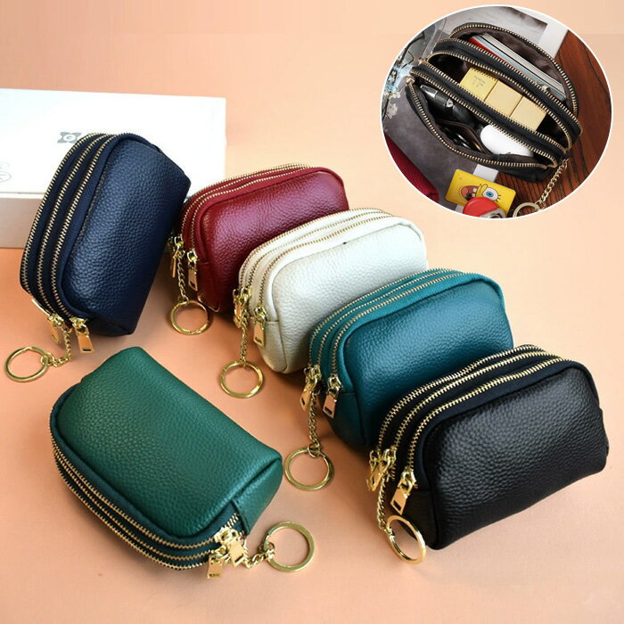 キーケース スマートキー カードケース レディース ダブルファスナー コインケース ミニウォレット キーリング チェーン シボ加工 3ポケット
