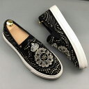 スリッポン メンズ 刺繍 スタッズ スエード 本革 シークレットシューズ 派手 個性的 ゴールド シルバー ブラック 身長4cmアップ