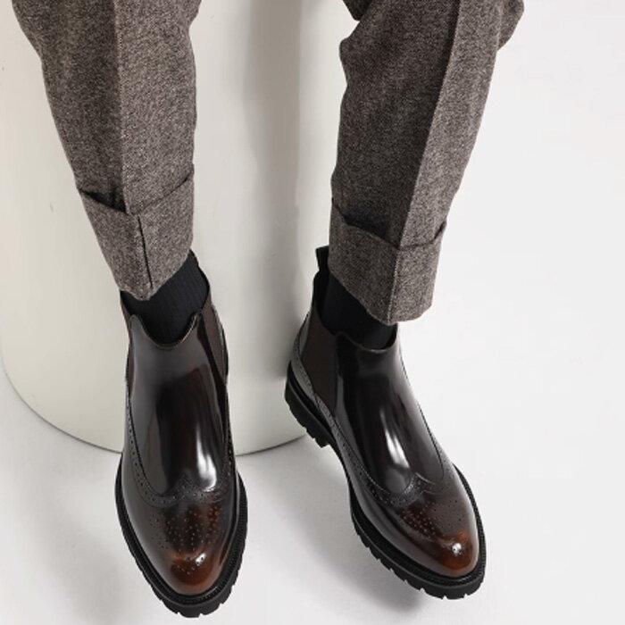 ブーツ メンズ 本革 パテンドレザー サイドゴア メダリオン エナメル ウィングチップ チャッカーブーツ カウハイド イタリアンレザー ブラック ブラウン