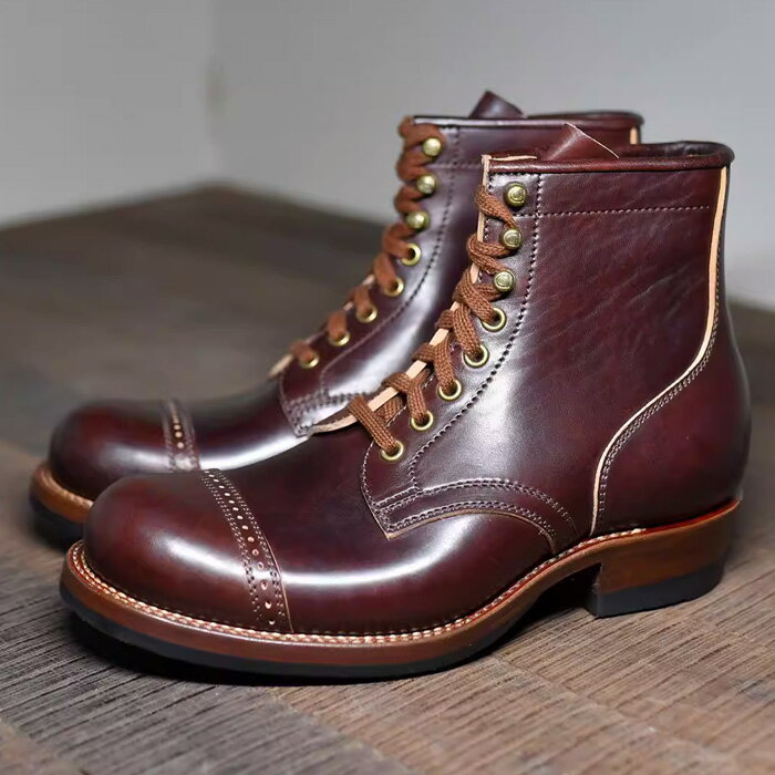 ブーツ メンズ レースアップ キャップトゥ 厚底 ブローグ ストレートチップ ショートブーツ 本革 レトロ クラシック カジュアル ブラウ..