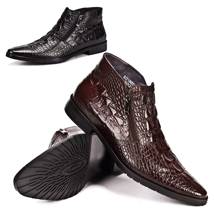 ブーツ サイドジッパー メンズ 牛革 ショートブーツ メンズ ダブルジップ クロコ 鰐 クロコ型押し 本革 ワインレッド ブラック レザーブーツ 黒 茶 23.5cm 24cm 24.5cm 27.5cm 28cm