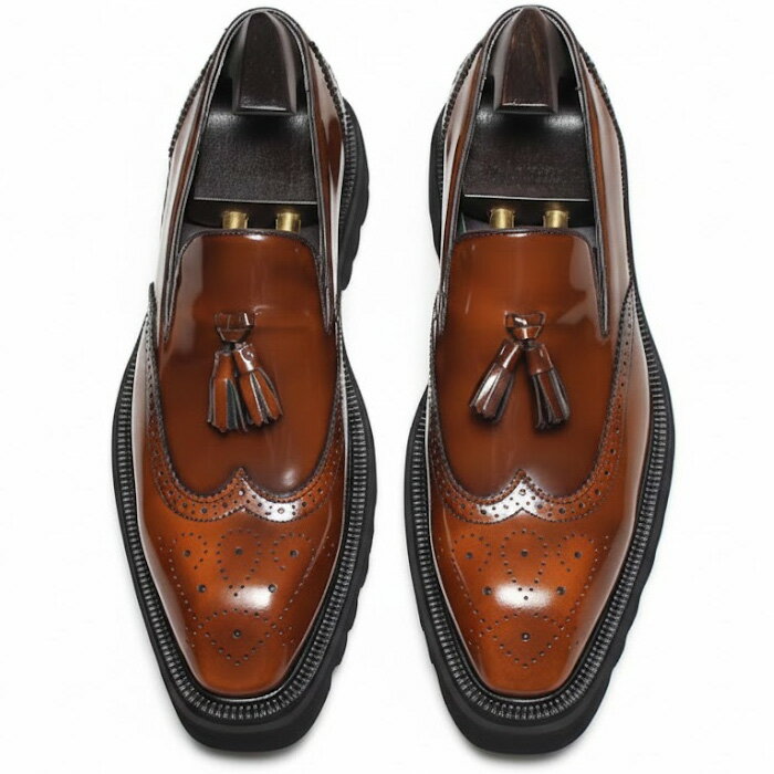 タッセルローファー 本革 メンズ ウィングチップ メダリオン フォレーション スリッポン ビジネスシューズ レザー 紳士靴 焦げ目 ブラック ブラウン