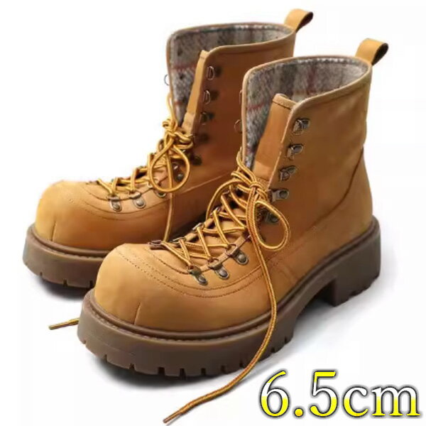 ブーツ メンズ レディース 男女兼用 カジュアル ショートブーツ 身長アップ 6.5cm 23cm-28cm 厚底 脚長効果 黒 黄色 カップル レザー レースアップ マウンテンブーツ ステッチ ヒール