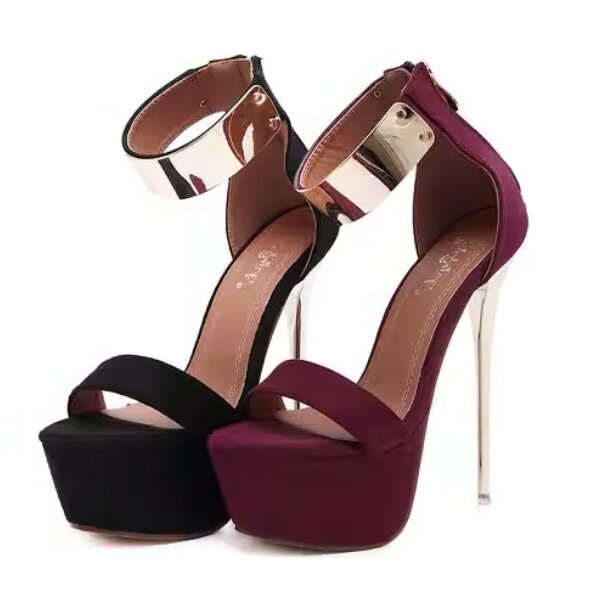 パンプス レディース オープントゥ サンダル ストラップ ハイヒール 美脚 15cm ワインレッド ブラック
