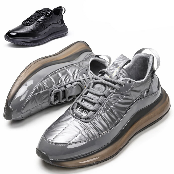 Men's Sneakers, Platform Running Shoes, Clear Sole, PU Sole, Glossy Upper, Lightweight, Casual Shoes, Black, Silver, Sports Shoes