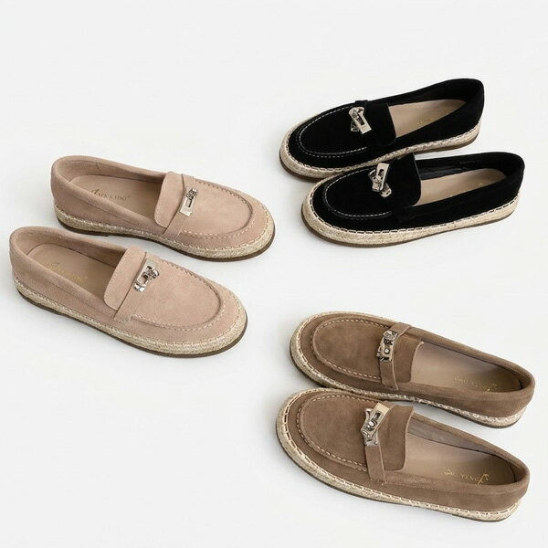 Round Toe - ローファー レディース エスパドリーユ スリッポン 柔らかい PU スエード 通気性 蒸れない ローヒール 歩きやすい きれいめ オーナメント きれいめ