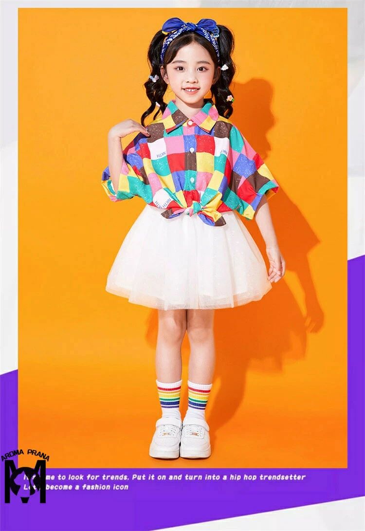 【楽天スーパーセール】虹色 キッズダンス衣装 セットアップ チェック柄 チアガール パンツ スカート シャツ k-pop 衣装 半袖 カラフル ヒップホップ 男の子 女
