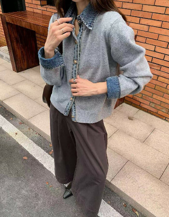 ニットカーディガン デニム切り替え セーター トップス レディース 春秋冬対応 長袖 異素材切替 ゆるカーデ シンプル無地 カジュアル 大 2