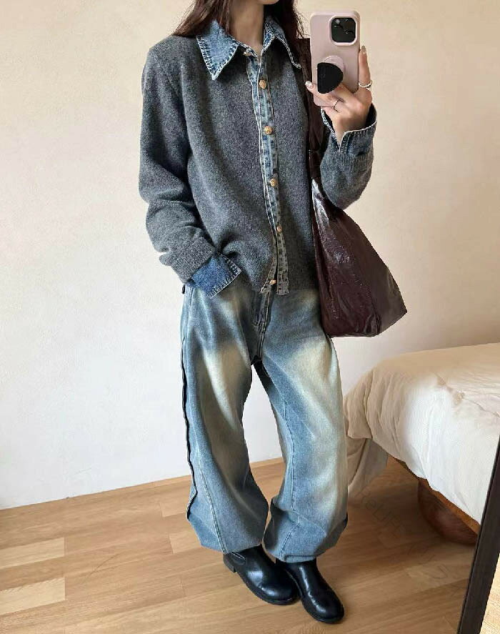 ニットカーディガン デニム切り替え セーター トップス レディース 春秋冬対応 長袖 異素材切替 ゆるカーデ シンプル無地 カジュアル 大 3