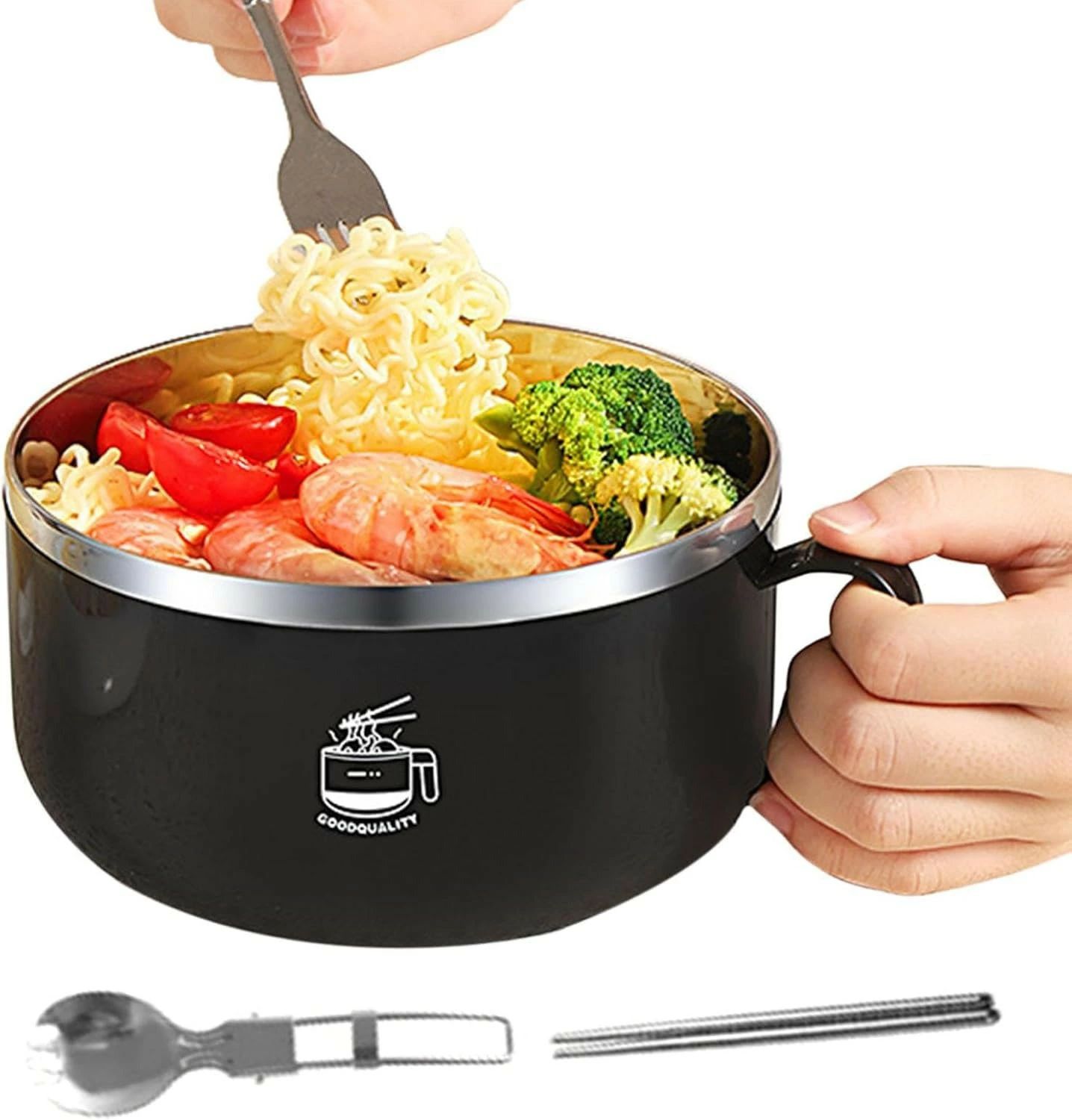 Rakuten - ラーメン丼 蓋付き ラーメンメーカー ヌードルメーカー ステンレス 即席めん丼 折りたたみ箸 スプーン 時短料理 大容量 1L 保温 漏れ防