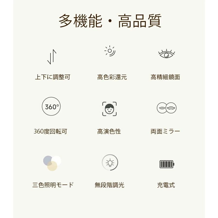 女優ミラー 卓上ミラー ledライト付き 両面ミラー 充電式 高さ調整 360°回転 3倍5...