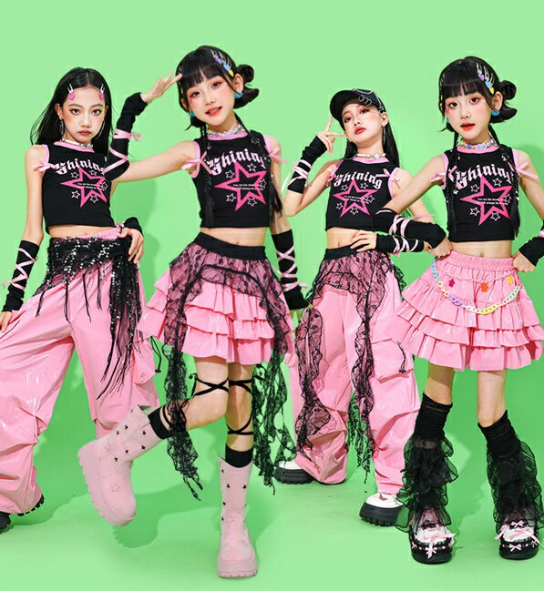 3点/4点/5点セット 黒xピンク 上下セット キッズチアダンス衣装 女の子 子供 ジャズダンス服 ベスト ピンクレザースカート レザーパンツ 靴下 朗読大会 ダンス衣装 キッズ 学園祭 普段着 合唱 パフォーマンス チア服 可愛い 体育祭 舞台ステージ 応援団 舞台衣装 イベント