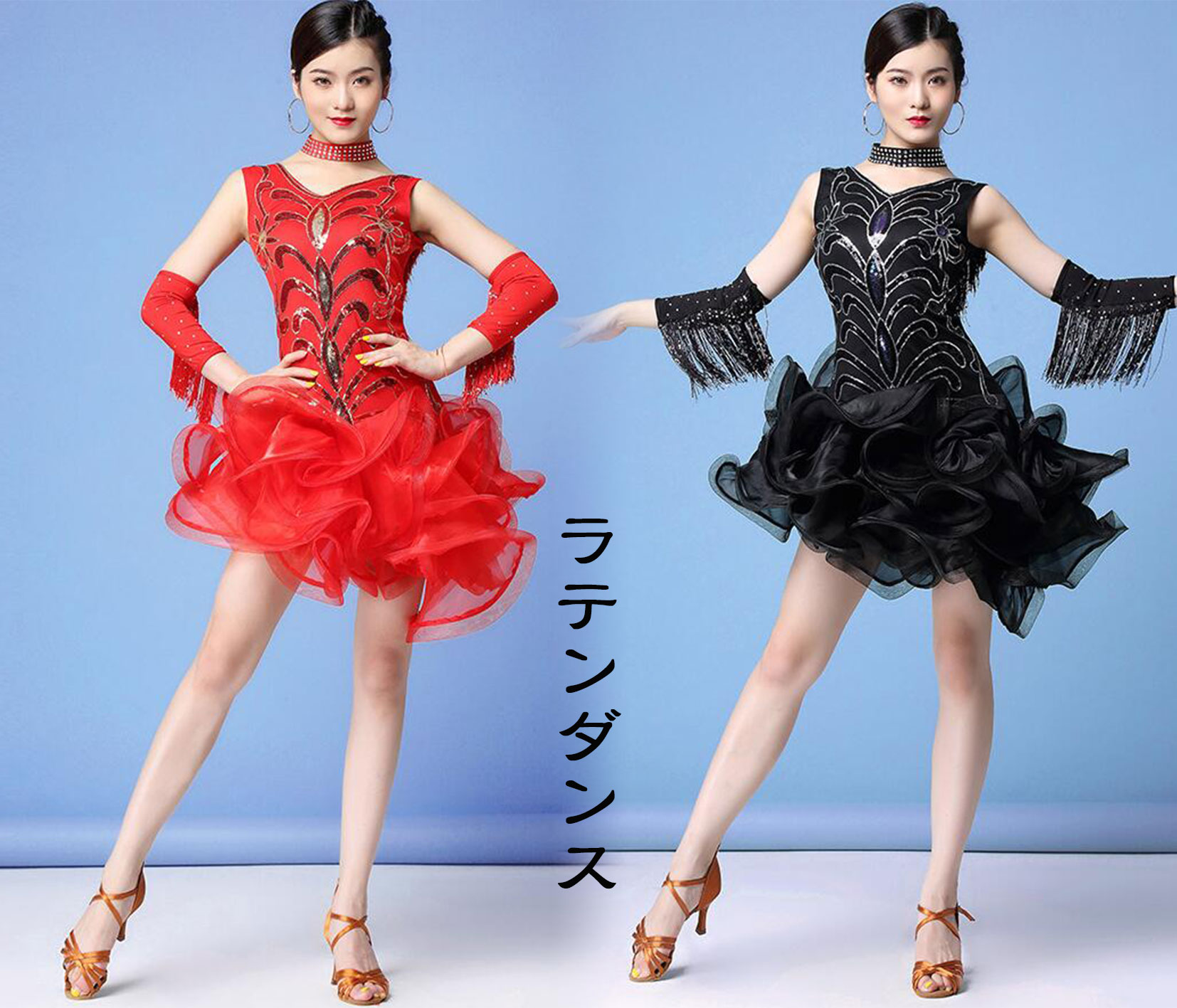 ダンスドレス ミニ丈 スパンコール ラテンダンス衣装 社交ダンス モダンダンス ラテンドレス ワンピース Vネック ダンスウェア ノースリーブ ラテン競技着 ス...