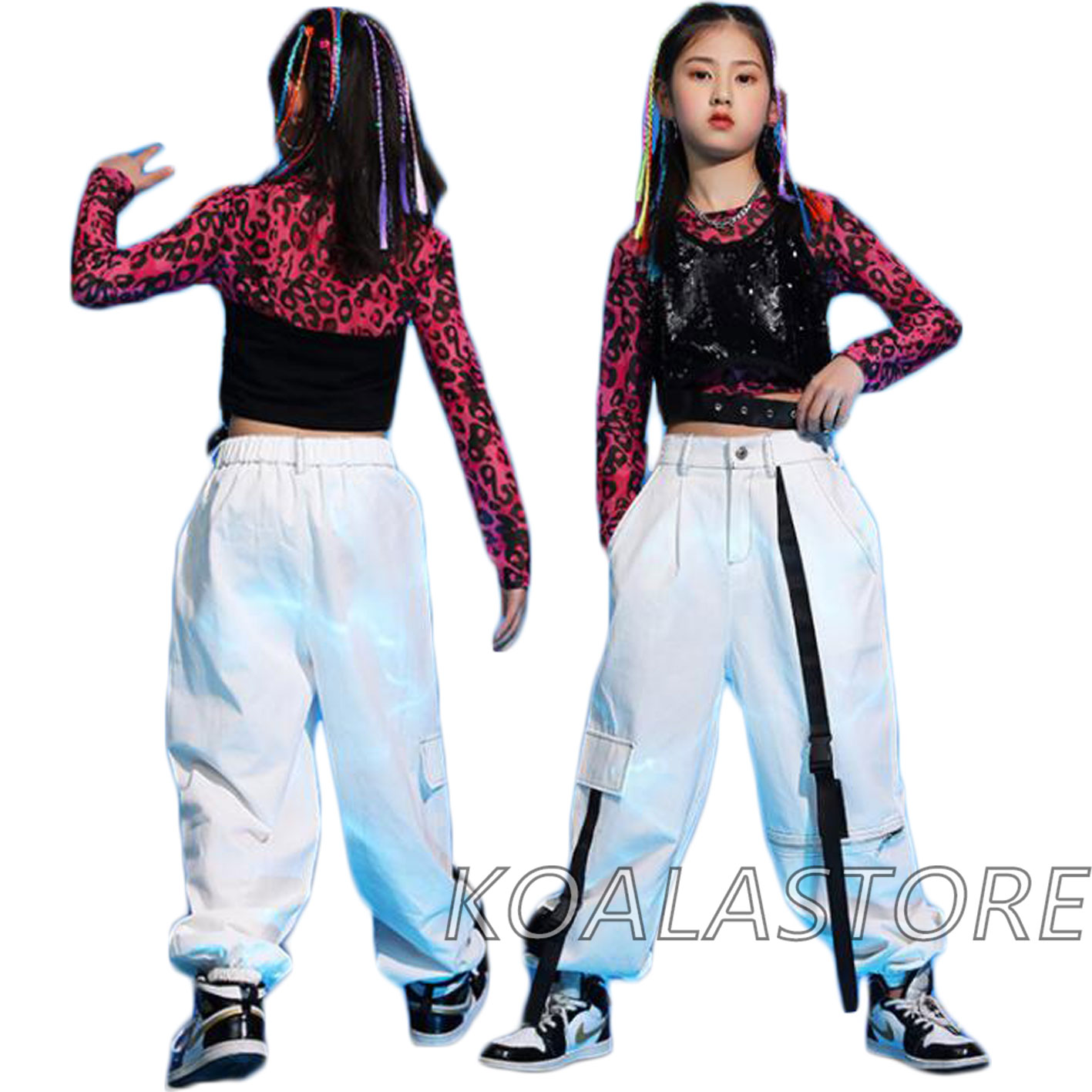 乐天商城 - 女の子ダンス衣装 ジャズダンス衣装 子供カジュアルパンツセット スパンコール へそ出しトップス 長袖 サルエルパンツ 個性的 ヒョウ柄 ヒップホップ風 HIPHOP ストリートダンス ダンス衣装セット オシャレ 舞台衣装 ステージ衣装 チアガール 単品選べる 110cm-170cm