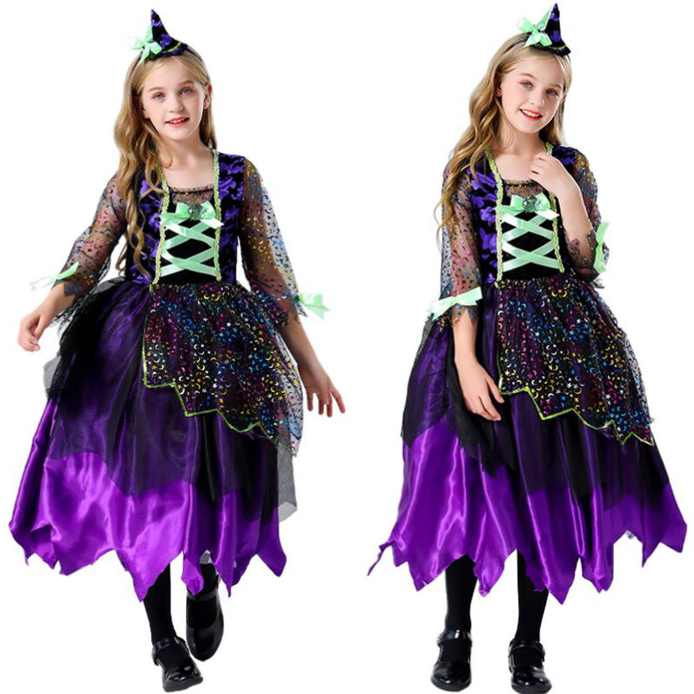 樂天商城 - 子供用コスチューム キッズコスプレ衣装 七分袖 ロング丈ワンピース チュール ハロウィン衣装 ハロウィンコスチューム 魔女 魔法使い cosplay 星柄 舞台衣装 仮装 舞台劇 イベント 変装 学園祭 お芝居 舞台衣裳 可愛いコスチューム ハロウィンパーティー イベント 仮装