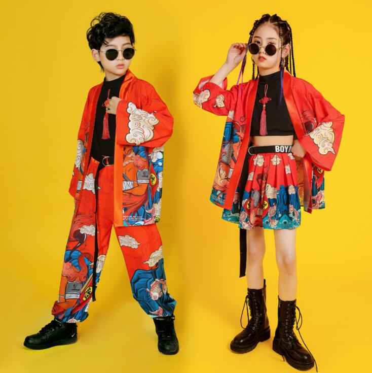 キッズ ダンス衣装 ヒップホップ ダンス 子供服 キッズ ダンス衣装セット プリント柄羽織 ロンパン シ..