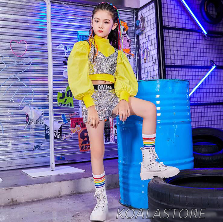 乐天商城 - 子供ダンス衣装 女の子ジャズダンス衣装 長袖 ヒップホップ風 HIPHOP ストリートダンス ダンス衣装セット スパンコール ロンパン/短パン へそ出しトップス ダンスウェア チアガール 舞台衣装 ステージ衣装 韓国ファション かっこいい 単品選べる 120cm-170cm
