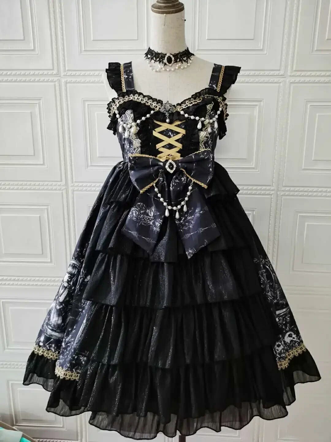 Rakuten - ゴシック風ロリータ服 ロリータワンピース ジャンパースカート 重ね ケーキスカート プリントドレス リボン プリンセスドレス 可愛い フリル フレアワンピース 萌えLolita 大人コスチューム ゴスロリ ハロウィン コスプレ衣装 文化祭 学園祭 イベント お姫様 舞台衣装 舞台劇
