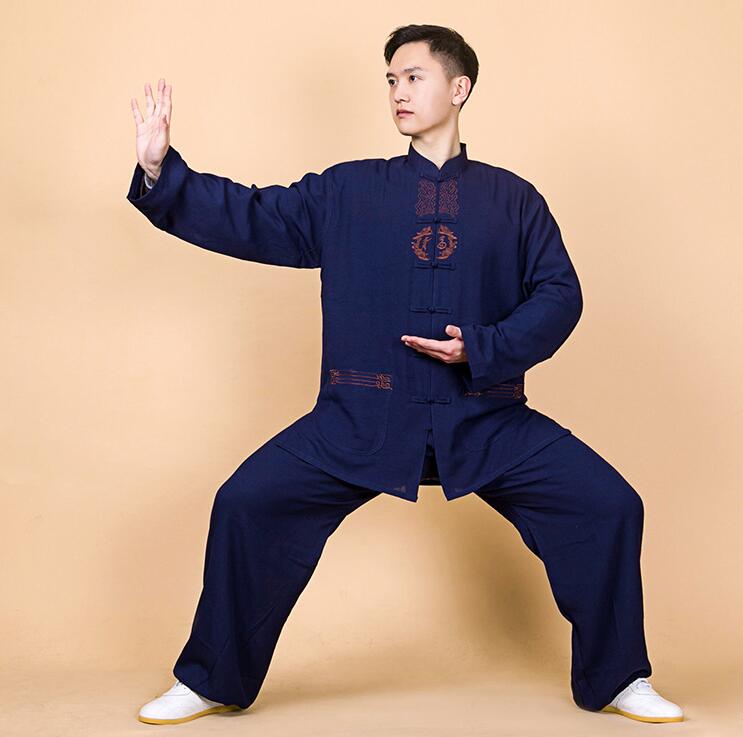 June Stage楽天市場店の男女兼用 綿麻太極拳ウェア メンズ レディース リネン太極拳服 長袖/半袖 セットアップ ユニセックスウェア 練習着 カンフー服 中華服 チャイナボタン 刺繍柄 通気性 春夏 涼しい 朝練 トレーニング ランニング スポーツウェア 上下セット 2色 SS-4L｜アングル3