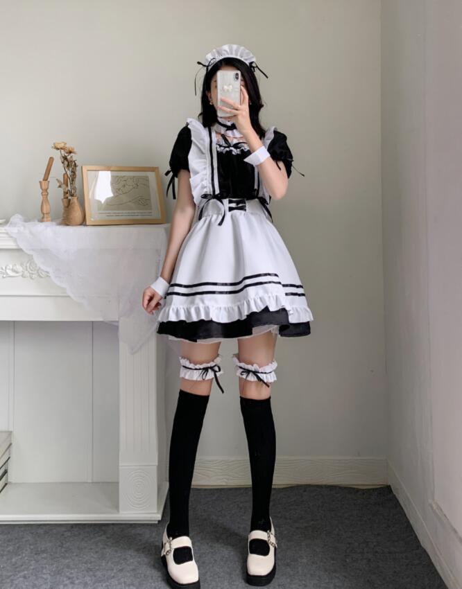 可愛いメイド服 ミニ丈 半袖 コスチューム コスプレ こすぷれ ハロウィン衣装 ワンピース ウェイトレス セクシー 舞台衣装 ビッグサイズ キャラクター 6点 フルセット メイド喫茶 学園祭 イベント 仮装 最大58 オフ 女装 余興