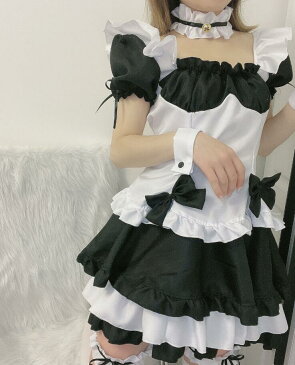 メイド コスチューム 可愛いメイド服 ミニ丈 半袖 コスプレ こすぷれ 上下セット ウェイトレス セクシー 舞台衣装 仮装 女装 ハロウィン衣装 パーティー イベント 余興 学園祭 メイド喫茶 キャラクター 6点 ビッグサイズ