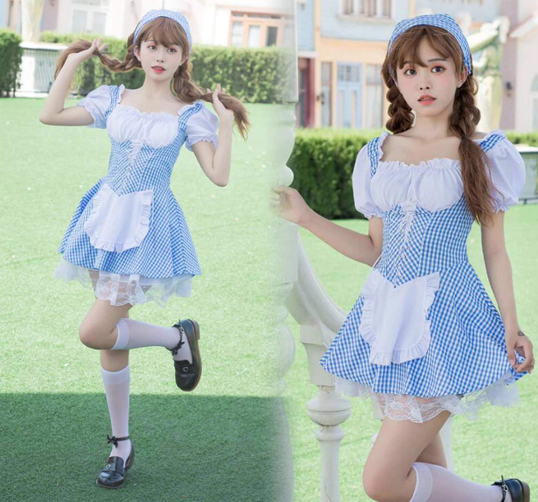 メイド服 ミニ丈 大人コスチューム メイドコスプレ 半袖ワンピース チェック柄 セクシーワンピース ウェイトレス 舞台衣装 舞台劇 仮装 女装 ブルー ピンク 可愛いメイド服 男ウケ 3点