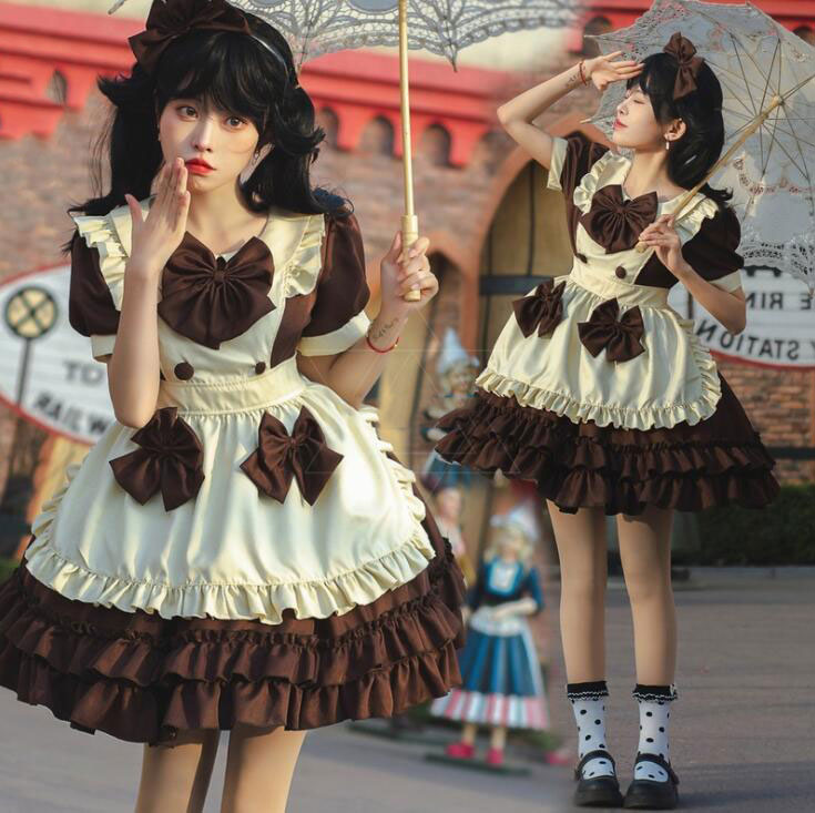 超萌えメイド服 ショート丈 メイドコスプレ 半袖メイド服 大人コスチューム ロリータワンピース メイド喫茶 コスプレ エプロン ウェイトレス ハロウィン衣装 舞台衣装 仮装 女装 可愛い 二次元美少女ウェア イベント 余興 学園祭 キャラクター ブラウン S-3L