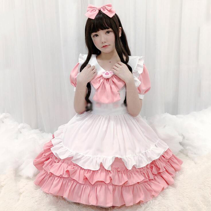 レディースコスチューム 大人用メイド服 ショート丈ワンピース 半袖 メイドコスプレ こすぷれ ハロウィン衣装 大人可愛 フリル ウェイトレス セクシー cosplay 舞台衣装 仮装 女装 イベント パーティー インスタ映え 余興 学園祭 メイド喫茶 キャラクター ピンク