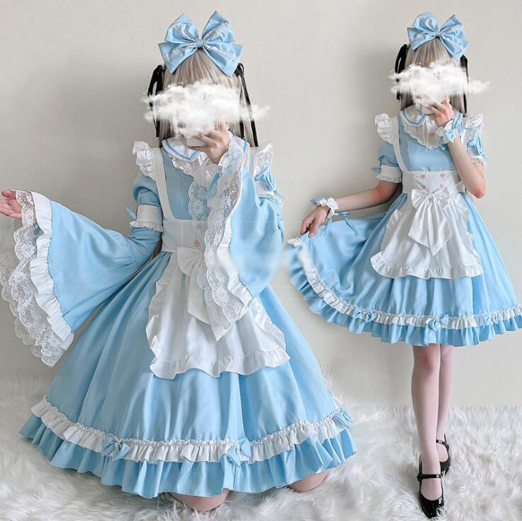 メイド服 ショート丈ワンピース メイドコスプレ 半袖長袖メイド服 大人コスチューム ハロウィン衣装 レース お姫様ワンピース エプロン付き ウェイトレス 萌え服 可愛いコスチューム 舞台衣装 仮装 女装 イベント 余興 学園祭 ブルー フリル リボン 6点 袖が外れる