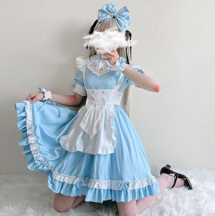 メイド服 ショート丈ワンピース メイドコスプレ 半袖長袖メイド服 大人コスチューム ハロウィン衣装 レース お姫様ワンピース エプロン付き ウェイトレス 萌え服 可愛いコスチューム 舞台衣装 仮装 女装 イベント 余興 学園祭 ブルー フリル リボン 6点 袖が外れる