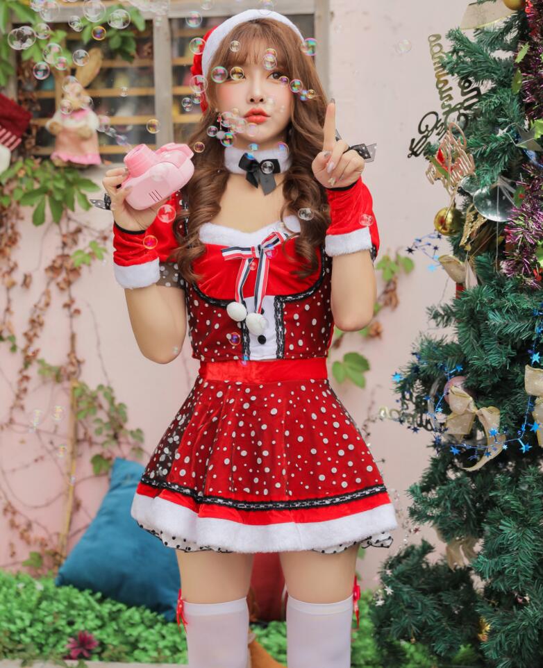 レディースサンタクロース大人コスチュームクリスマス衣装ミニドレスショート丈サンタさんコスプレクリスマスパーティー舞台衣装舞台劇変装仮装女装学園祭余興新年会忘年会Vネック五分袖Aラインワンピース+ベルト