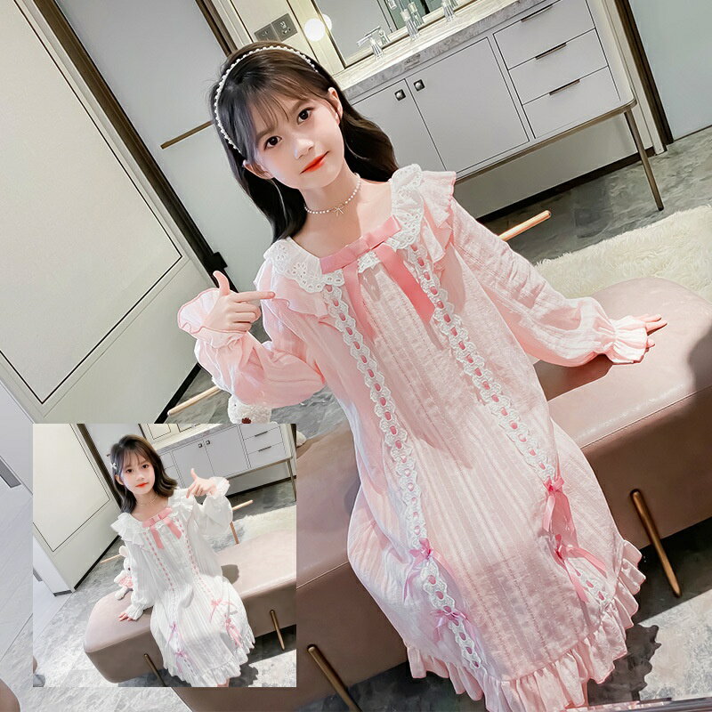 Rakuten - 子供 パジャマ ワンピース 長袖 女の子 ジュニア クルーネック ネグリジェ リボン 薄手 キッズ部屋着 綿生地 ルームウェア イトウエア 冷房対策 コットン オールシーズン フリル 可愛いパジャマ 春夏秋 ピンク ホワイト 110cm-170cm お姫様風 ロリータ 贈り物 プリンセス