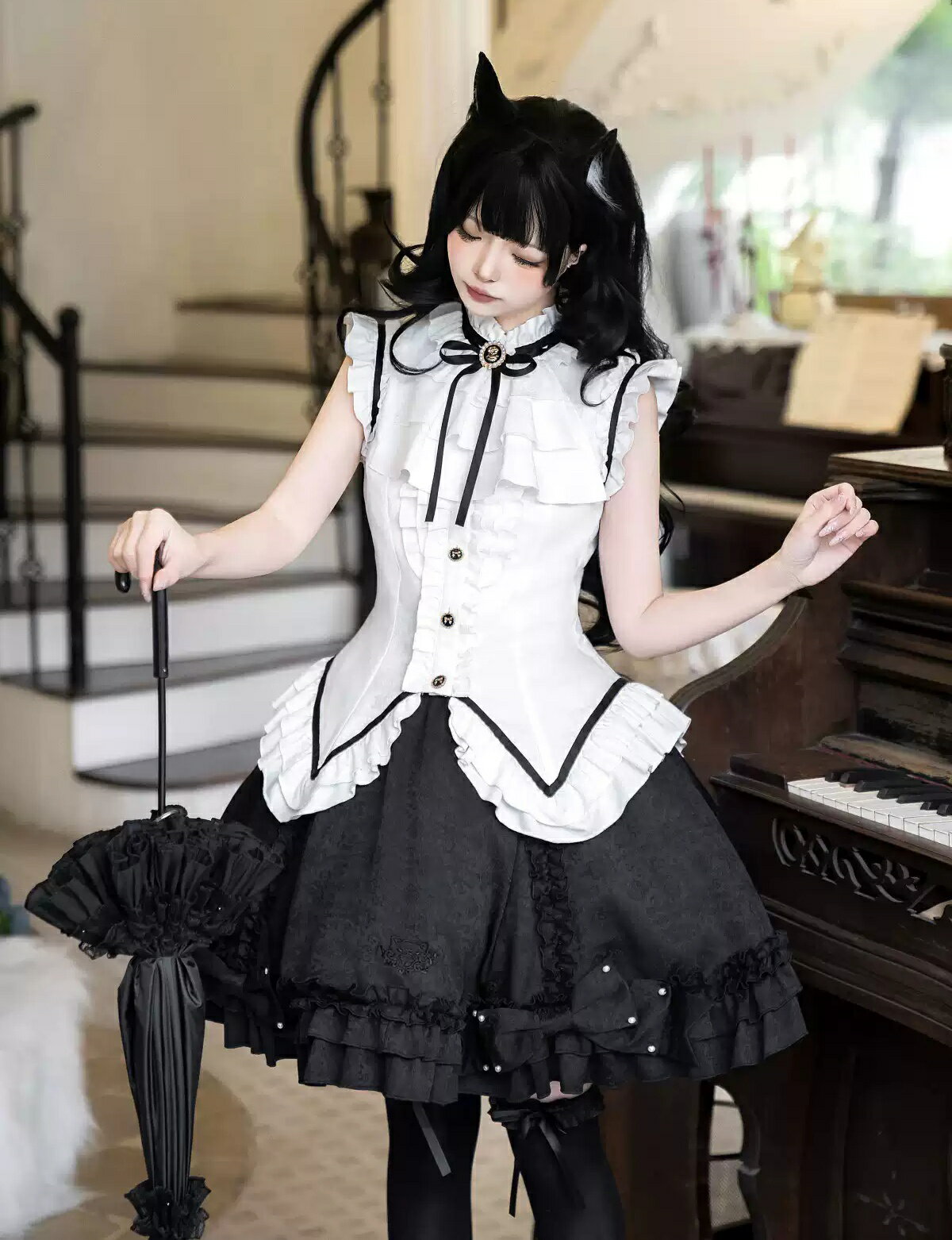 樂天商城 - 可愛いロリータ服 ゴシック風 上下セット シャツ+スカート フリル裾 猫風 メイド服 甘ロリータ プリンセスドレス 可愛い パーティードレス Lolita 大人コスチューム ゴスロリ ハロウィン コスプレ衣装 文化祭 学園祭 イベント ロリータファション 白黒系 エレガント