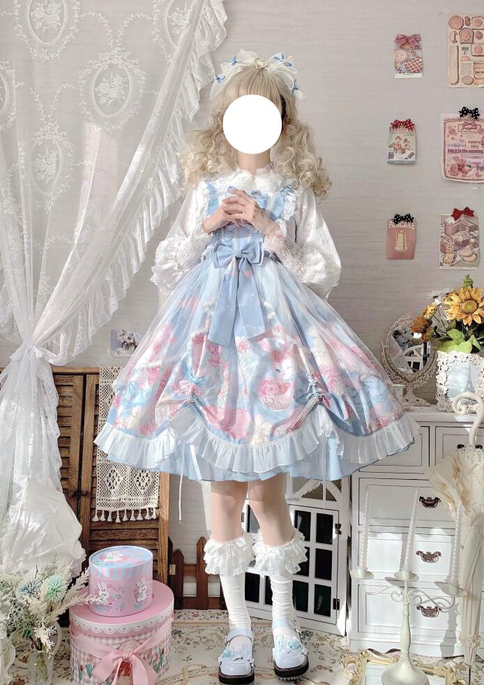 Rakuten - 水色 可愛い ロリータジャンパースカート ワンピース ロリータ服 プリンセスドレス プリント柄 うさぎ リボン ロリータファション クラッシック フリル パーティードレス Lolita 大人コスチューム ゴスロリ ハロウィン コスプレ衣装 文化祭 学園祭 イベント ジュニア 贈り物