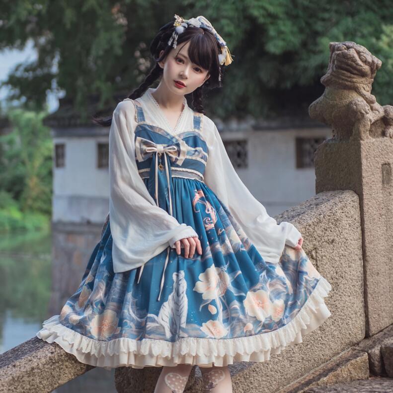 中華風ロリータワンピース 可愛いロリータ服 ジャンパースカート プリンセスドレス 可愛いワンピース プリント柄 チャイナドレス パーティードレス Lolita 大人コスチューム ゴスロリ ハロウィン コスプレ衣装 文化祭 学園祭 イベント ロリータファション ブルー