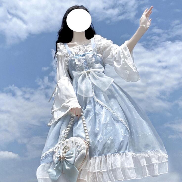 ロリータワンピース 可愛いジャンパースカート プリンセスドレス お姫様ワンピース 甘ロリータ 甘ロリ 貝柄 サンゴ柄 ロリータ服 スウィート風 学園祭 21年秋冬新作 ロリータファション イベント パーティー チュール付き レース キュット フリル 萌え服