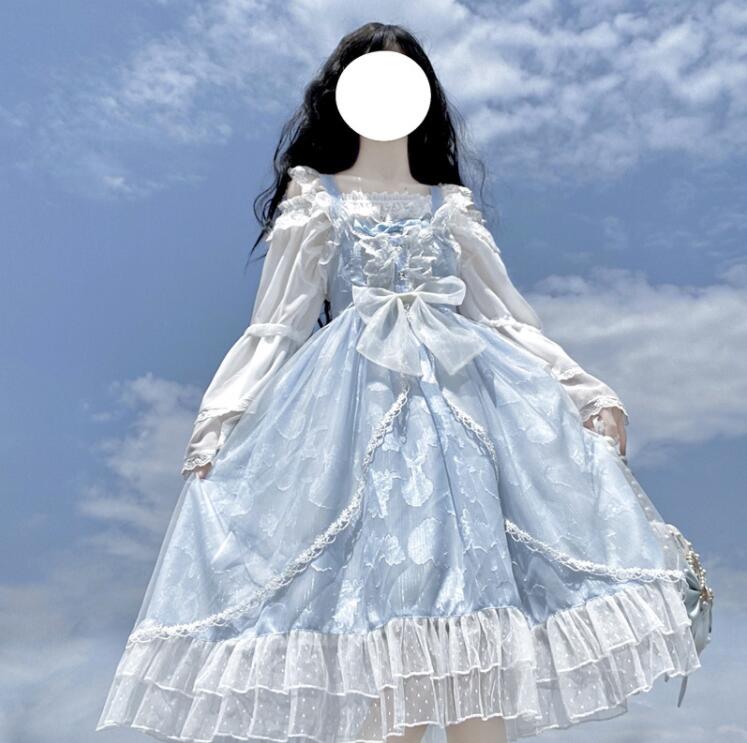 ロリータワンピース 可愛いジャンパースカート プリンセスドレス お姫様ワンピース 甘ロリータ 甘ロリ 貝柄 サンゴ柄 ロリータ服 スウィート風 学園祭 21年秋冬新作 ロリータファション イベント パーティー チュール付き レース キュット フリル 萌え服
