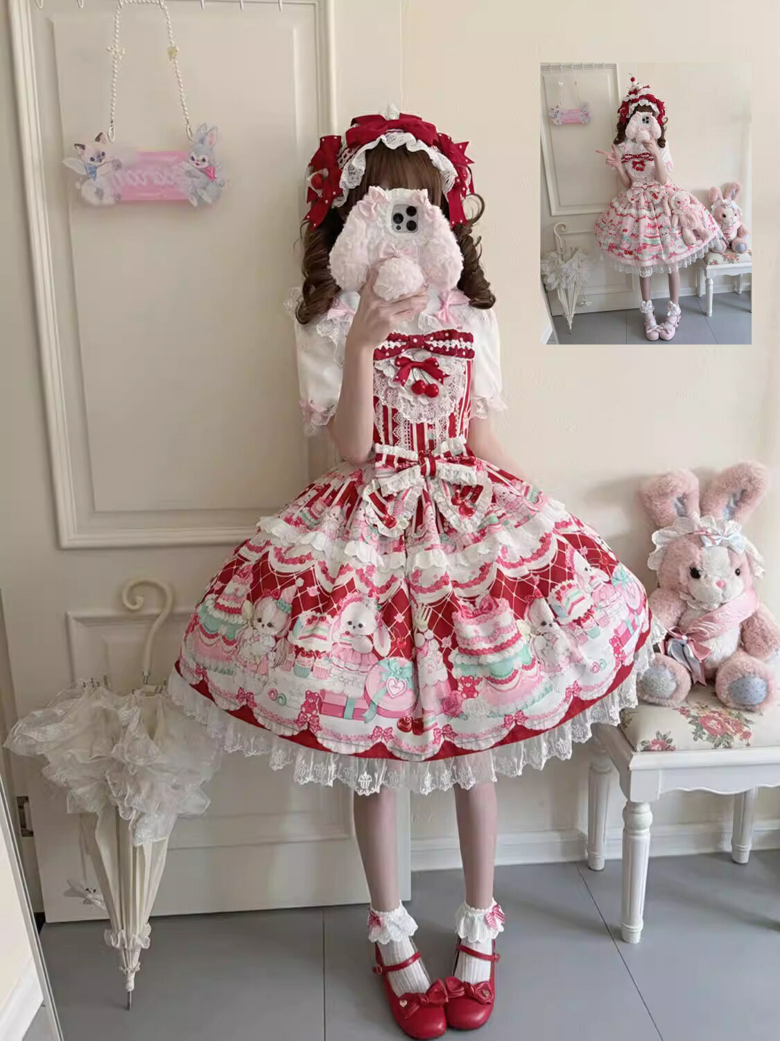 Rakuten - 可愛いジャンパースカート ロリータワンピース ロリータ服 ケーキ柄 うさぎ レース裾 お姫様ワンピース プリンセスドレス 甘ロリータ 甘ロリ プリント柄 ワンピース フリル レース 可愛いコスチューム ゴスロリ コスプレ衣装 文化祭 学園祭 イベント ピンク レッド　リボン