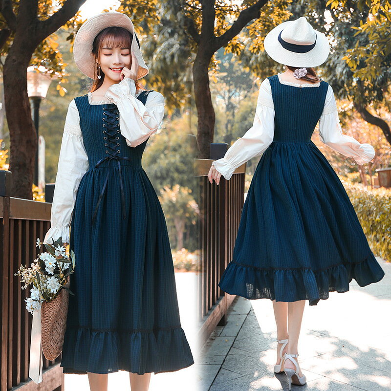 ストライプ ロリータワンピース ロリータ服 長袖ワンピースプリンセスドレス ミモレ丈ワンピ お嬢様風 フリル 可愛いコスチューム ゴスロリ コスプレ衣装 舞台衣装 文化祭 学園祭 イベント ハロウィンパーティー クリスマス Lolita Fashion フランス風 レトロ スリム お姫様